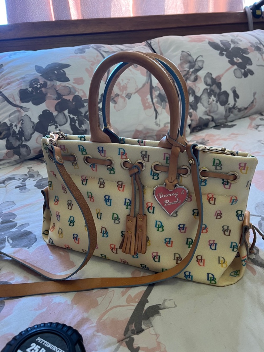 Dooney & Bourke Yellow Multicolor DB Logo Tote with Tan Handles